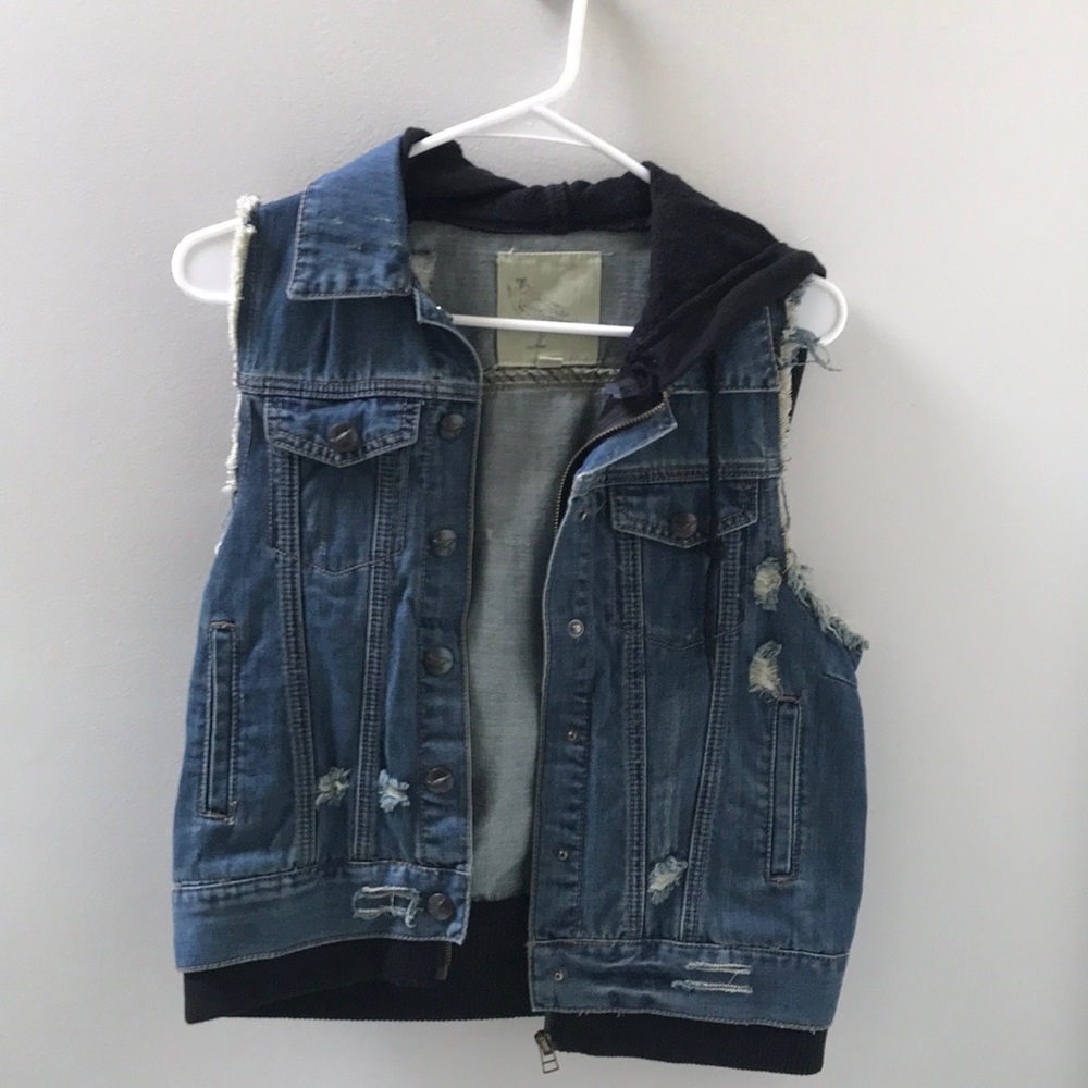 ripped, cutoff jean jacket with hood